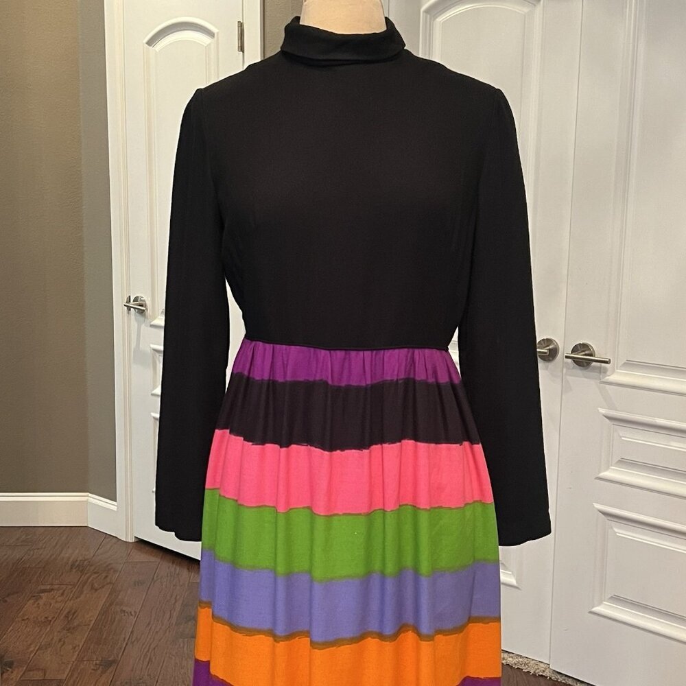 VTG Park East By Swirl Womens Size 14 Maxi Dress Black Top Rainbow Stripe Skirt - Picture 2 of 13